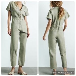 Zara Green Linen Cotton Short Sleeve Button Front Jumpsuit